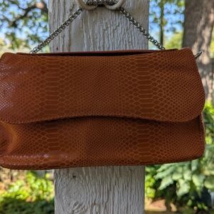 CHEZ Fine Leather Women’s Orange Faux-Snakeskin Shoulder Bag with Chain Strap